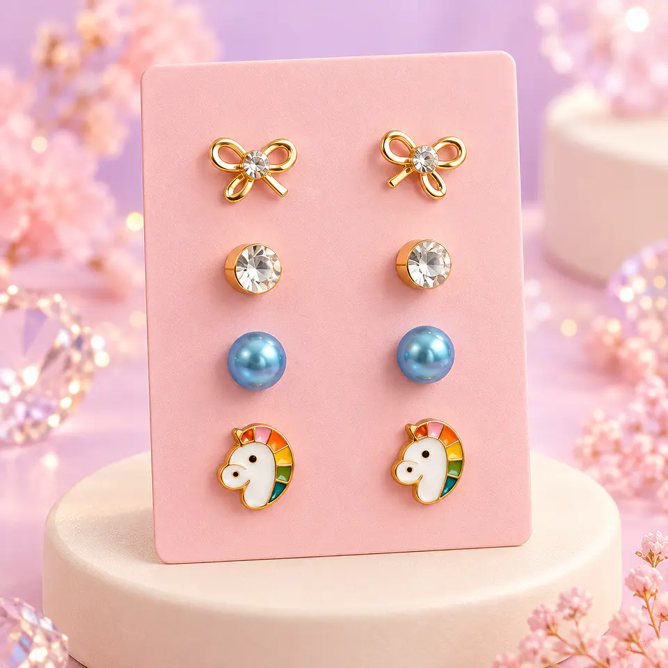 Set de 4 Pares de Aros Kawaii – Unicornios, Perlitas y Brillos 1