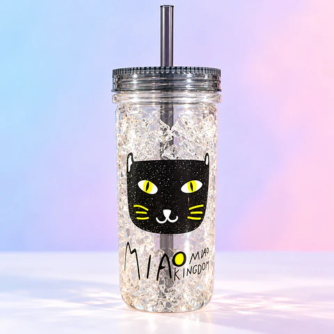 Vaso con Bombilla Diseño Gatito Negro – Efecto Cristal Brillante