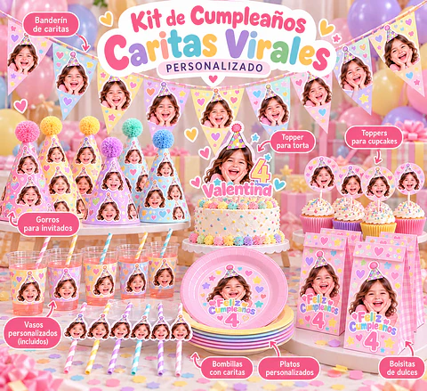 Kit de Cumpleaños Caritas Virales Personalizado – 8 Productos 