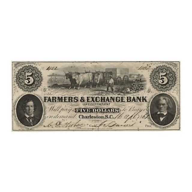 EUA - 1861 5 Dollars Farmers and Exchange Bank, Charleston