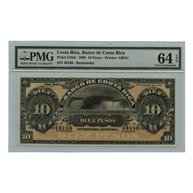 Costa Rica 10 Pesos 1899 Remainder PMG64