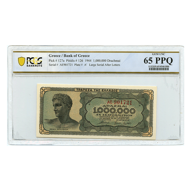 Grécia 1000000 Drachmai 1944 P.126 - PCGS65