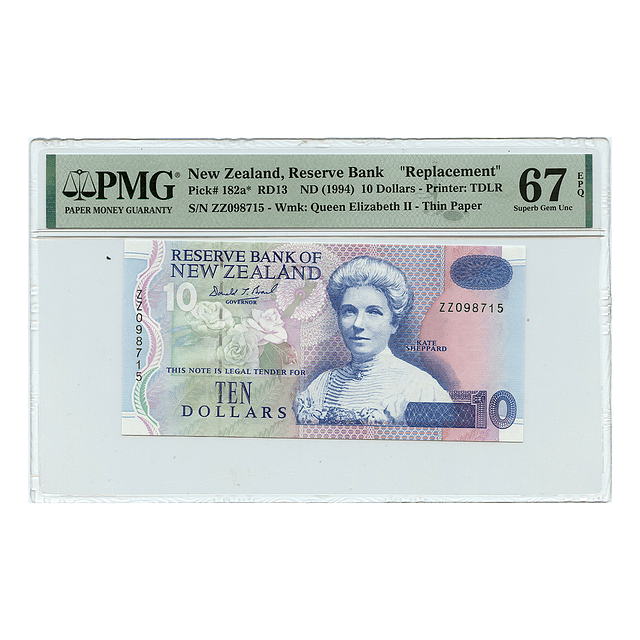 Nova Zelândia 10 Dollars N/D (1994) Pick 182a* "Replacement" PMG 67