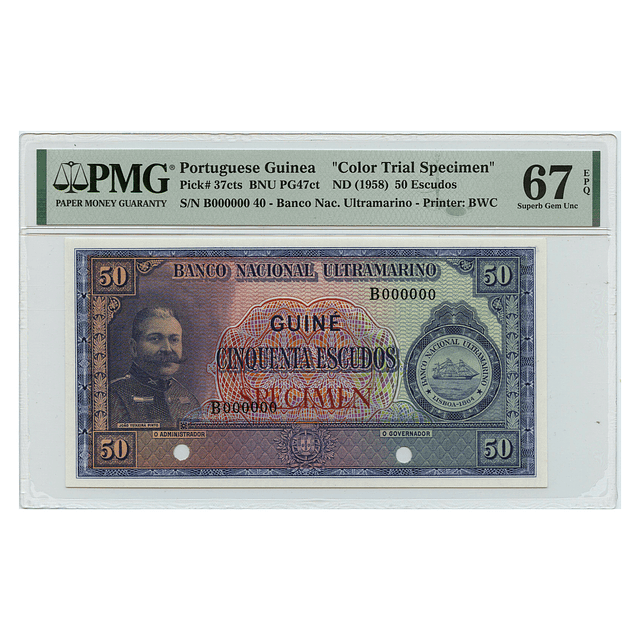 Guiné - 50 Escudos 1958 Prova de Cor "Specimen" Pick 37CTS PMG 67