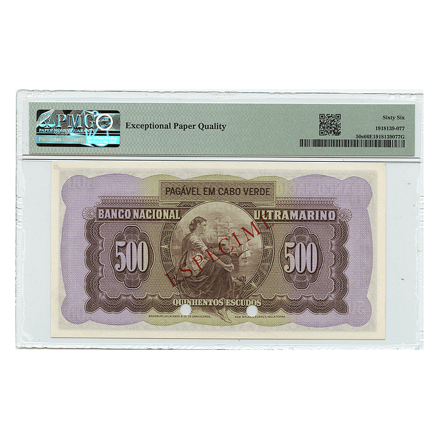 Cabo Verde - 500 Escudos 1958 "Specimen" Pick 50s PMG 66