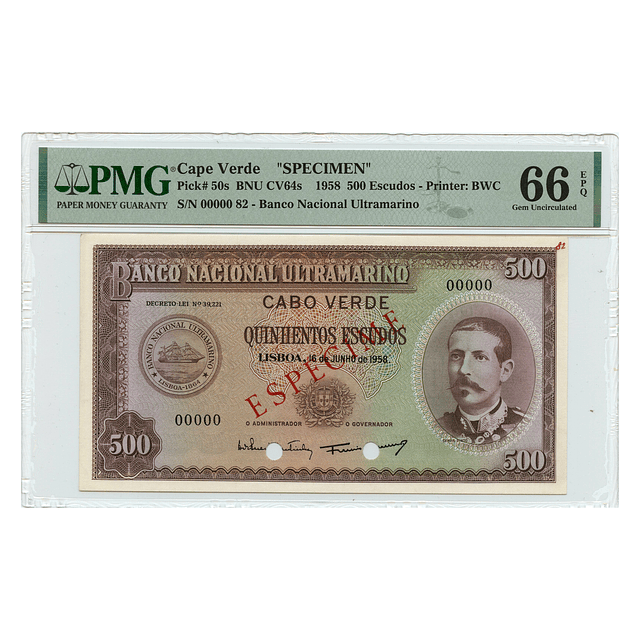 Cabo Verde - 500 Escudos 1958 "Specimen" Pick 50s PMG 66