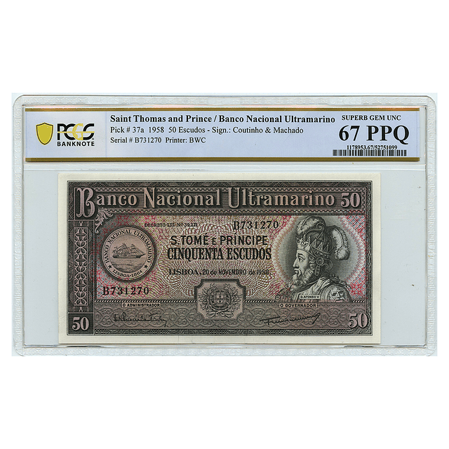 São Tomé e Principe - 50 Escudos 1958 Pick 37a PCGS 67