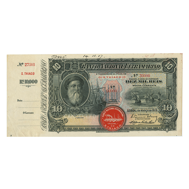 10 000 Réis do Banco Nacional Ultramarino – Cabo Verde - 1 de março de 1909  
