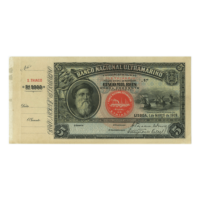 5 000 Réis do Banco Nacional Ultramarino – Cabo Verde - 1 de março de 1909 