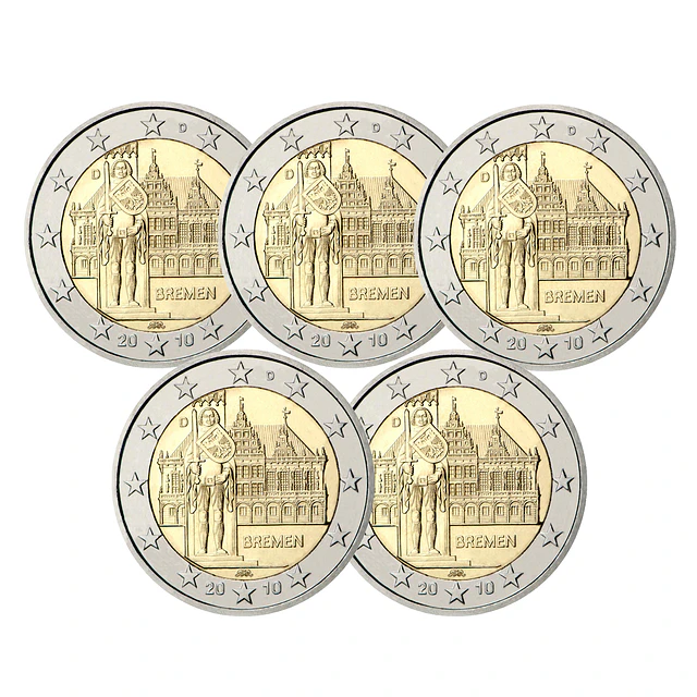 Alemanha - 2.00 Euro Bremen (Câmara Municipal e Roland) 2010 Conjunto 5 letras (A, D, F, G, J) 