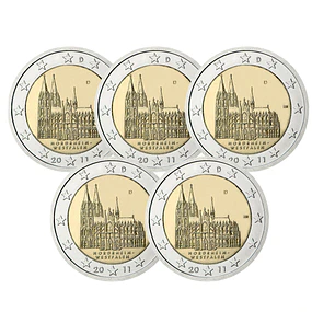 Alemanha - 2.00 Euro Nordrhein‑Westfalen (Catedral de Colónia) 2011 Conjunto 5 letras (A, D, F, G, J) 