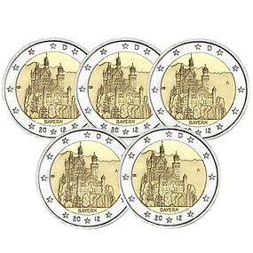 Alemanha - 2.00 Euro Baviera (Castelo de Neuschwanstein) 2012 Conjunto 5 letras (A, D, F, G, J) 