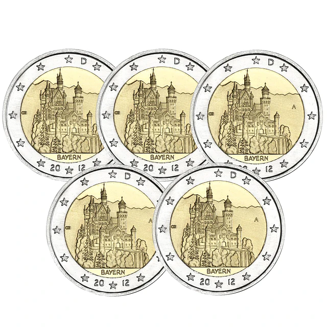 Alemanha - 2.00 Euro Baviera (Castelo de Neuschwanstein) 2012 Conjunto 5 letras (A, D, F, G, J) 