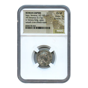 Império Romano – Septímio Severo (193–211 d.C.) – Denário AR – NGC Ch VF