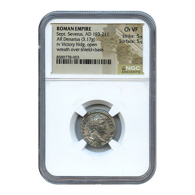 Império Romano – Septímio Severo (193–211 d.C.) – Denário AR – NGC Ch VF