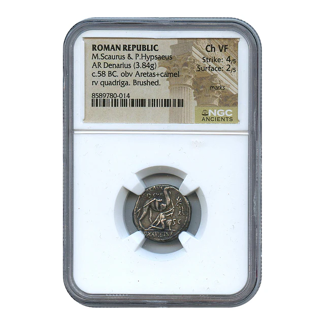 República Romana – M. Scaurus & P. Hypsaeus – Denário AR – c. 58 a.C. – NGC Ch VF