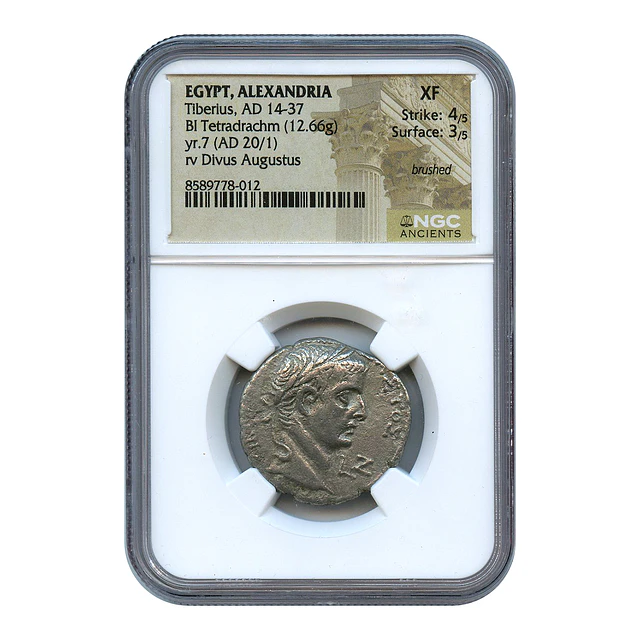 Egito, Alexandria – Tibério (14–37 d.C.) – Tetradracma BI – Ano 7 (20/21 d.C.) – NGC XF