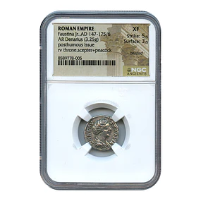 Império Romano – Faustina II (147–175/176 d.C.) – Denário AR – Emissão Póstuma – NGC XF
