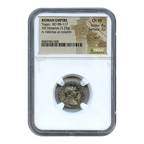 Império Romano – Trajano – Denário AR – 98–117 d.C. – NGC Ch VF