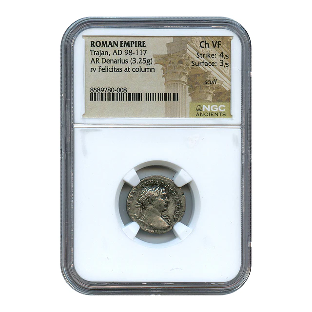 Império Romano – Trajano – Denário AR – 98–117 d.C. – NGC Ch VF