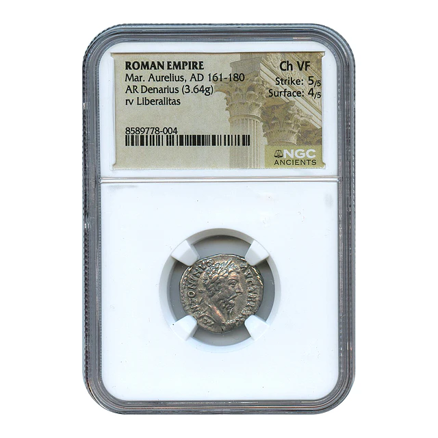 Império Romano – Marco Aurélio – Denário AR – 161–180 d.C. – NGC Ch VF