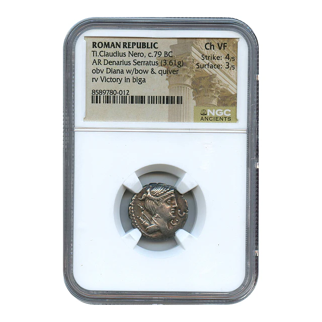 República Romana – Ti. Claudius Nero – Denário Serratus AR – c. 79 a.C. – NGC Choice VF