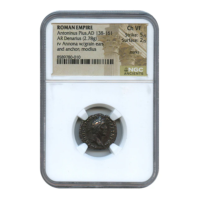 Império Romano – Antonino Pio – Denário AR – 138–161 d.C. – NGC Choice VF