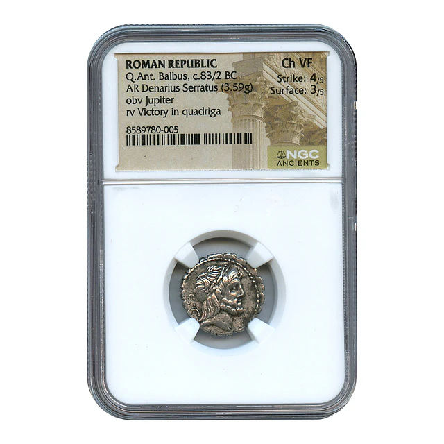 República Romana – Q. Antonius Balbus – Denário Serratus AR – c. 83/82 a.C. – NGC Choice VF