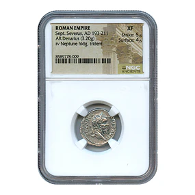 Império Romano – Septímio Severo – Denário AR – 193–211 d.C. – Neptuno com Tridente – NGC XF