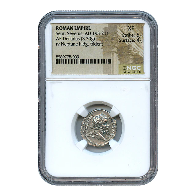 Império Romano – Septímio Severo – Denário AR – 193–211 d.C. – Neptuno com Tridente – NGC XF