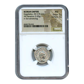Império Romano – Heliogábalo (Elagabalus) – Denário AR – 218–222 d.C. – Sol Avançando – NGC AU