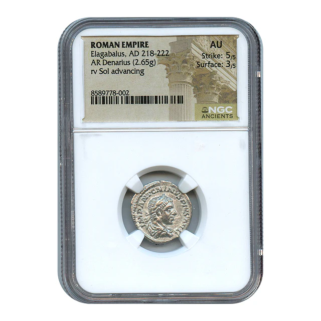 Império Romano – Heliogábalo (Elagabalus) – Denário AR – 218–222 d.C. – Sol Avançando – NGC AU