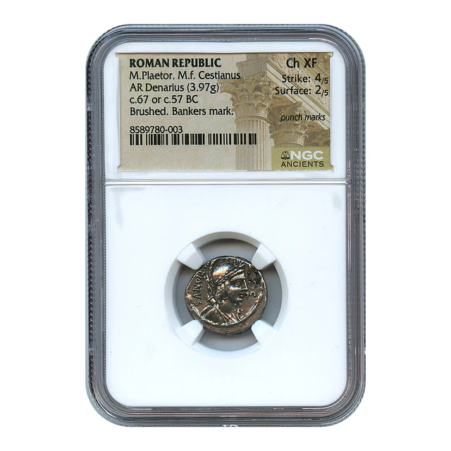 República Romana – M. Plaetorius M.f. Cestianus – Denário AR – c. 67 ou 57 a.C. – NGC Choice XF