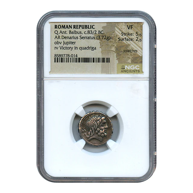 República Romana – Q. Antonius Balbus – Denário Serratus AR – c. 83/82 a.C. – NGC VF