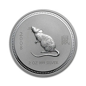 Austrália - 2 Dollars 2 Oz Prata Série Lunar Ano do Rato 2008