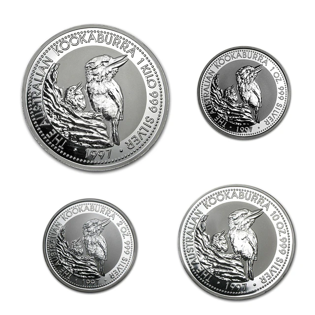 Austrália – Set 30, 10, 2, 1 Dollar 1997 Kookaburra – 1 Kilo + 10 Oz + 2 Oz + 1 Oz Prata .999 