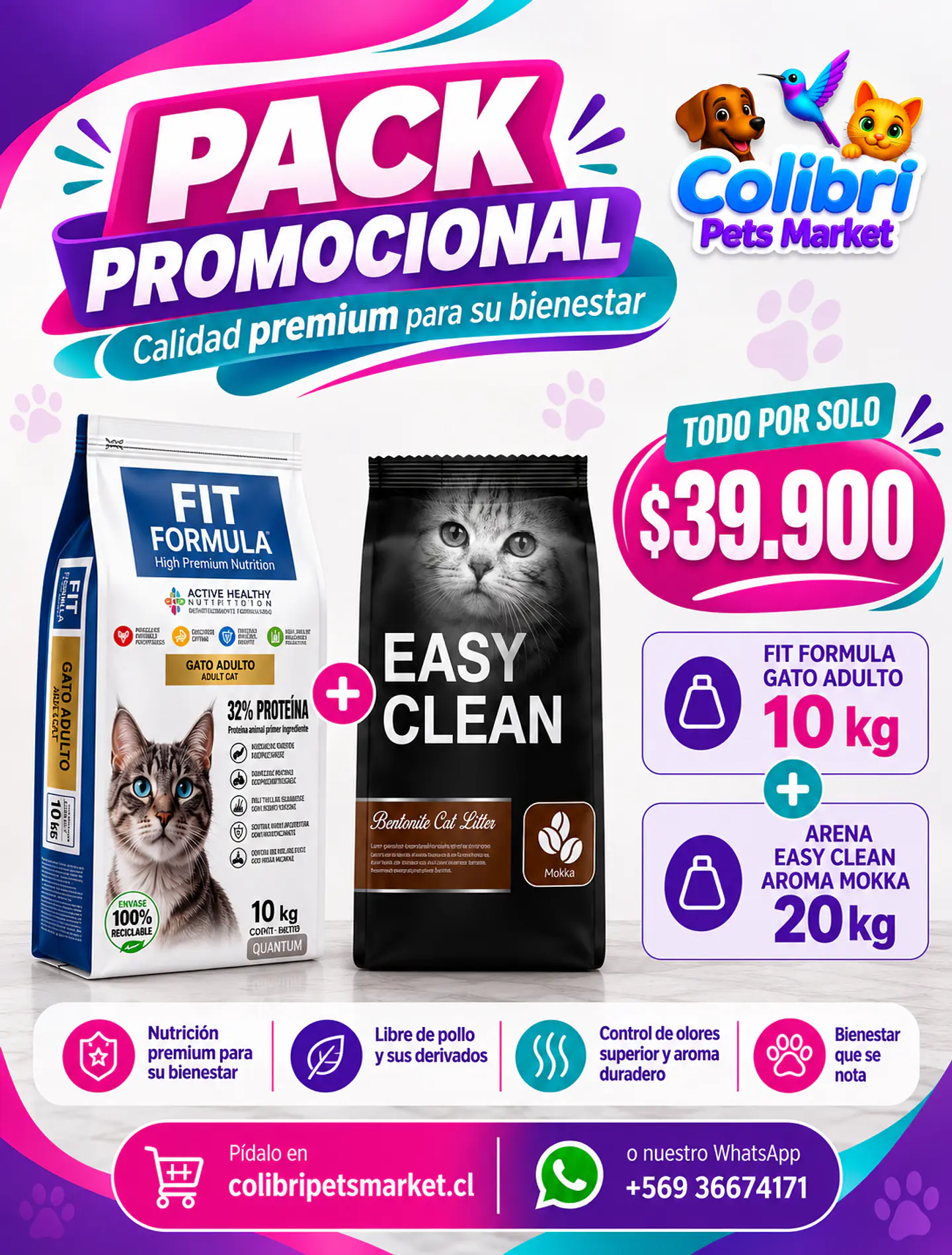 Pack Fit formula gato 10kg y arena easy clean mokka 20kg 1