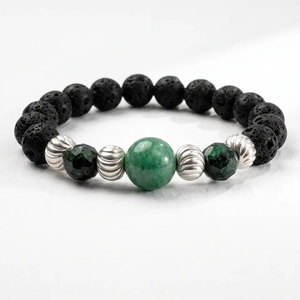 Pulsera en Plata, Esmeralda Morralla y Piedra Volcánica 1