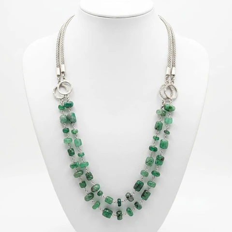 Collar de Doble Hilo en Plata de Ley con Esmeraldas Naturales Colombianas Rústicas