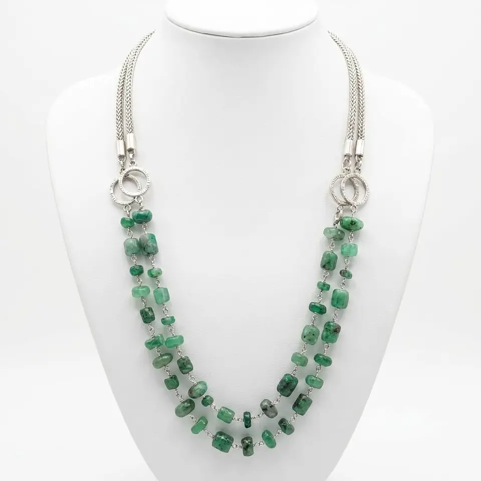 Collar de Doble Hilo en Plata de Ley con Esmeraldas Naturales Colombianas Rústicas 1