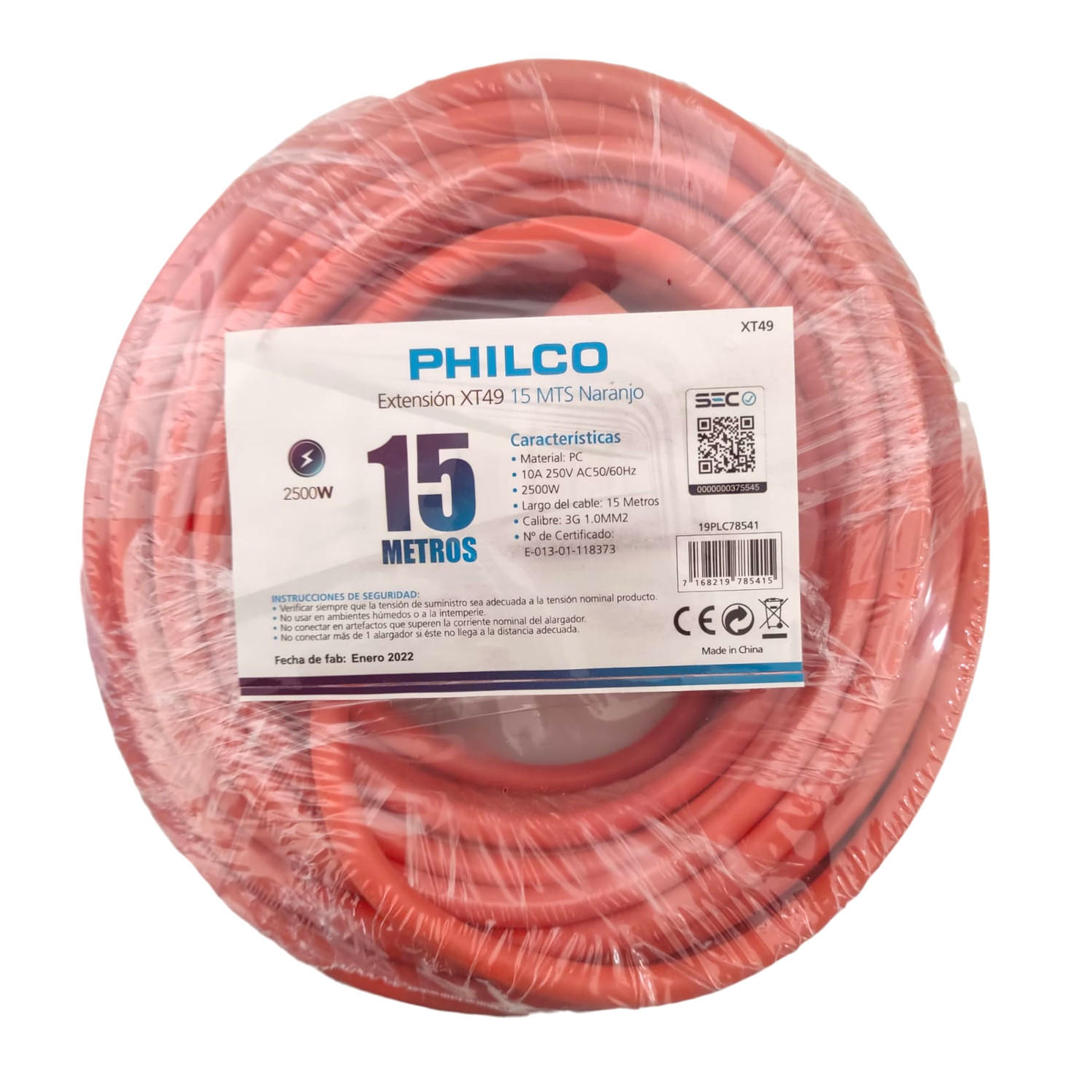 Extension de corriente 15 mts Philco XT49 15MTS Naranjo