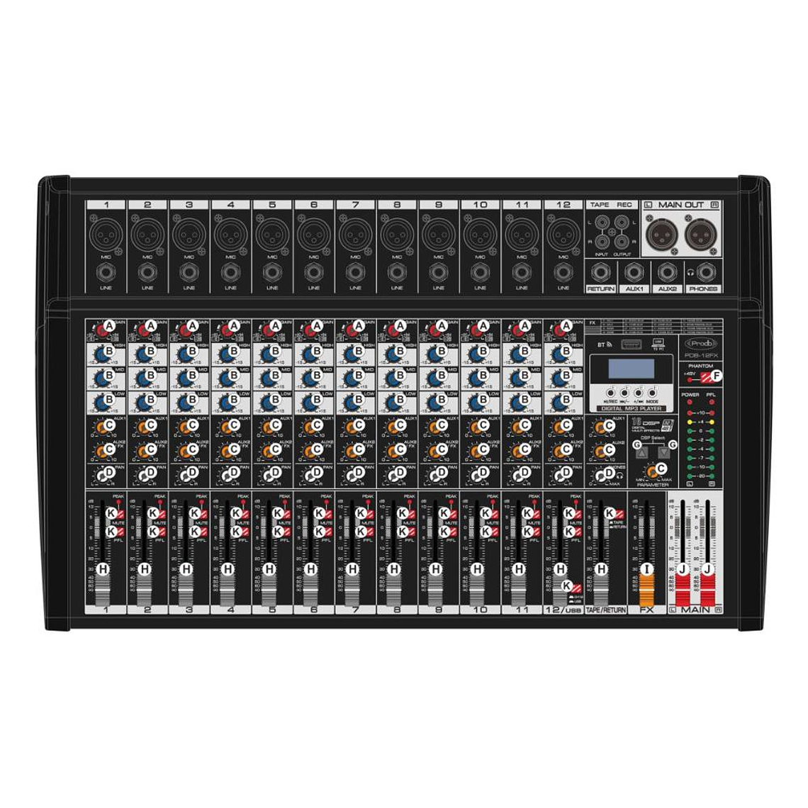 Mixer Analogo 12 canales Prodb PDB-12FX 1