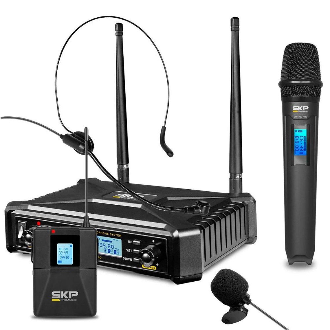 Sistema Inalambrico mano, lavalier y cintillo SKP UHF 700 Pro 1