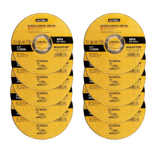 Pack 10 Discos de Corte para Fierro 115mm x 1.2 x 22.2 Uyustools