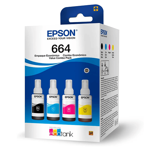 Pack 4 Tintas Epson T664 Original - Negro, Cian, Magenta, Amarillo, 70 ml c/u