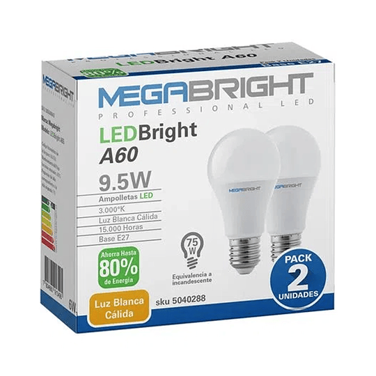 Pack 2 Ampolletas Led 9,5w Luz Cálida Megabright