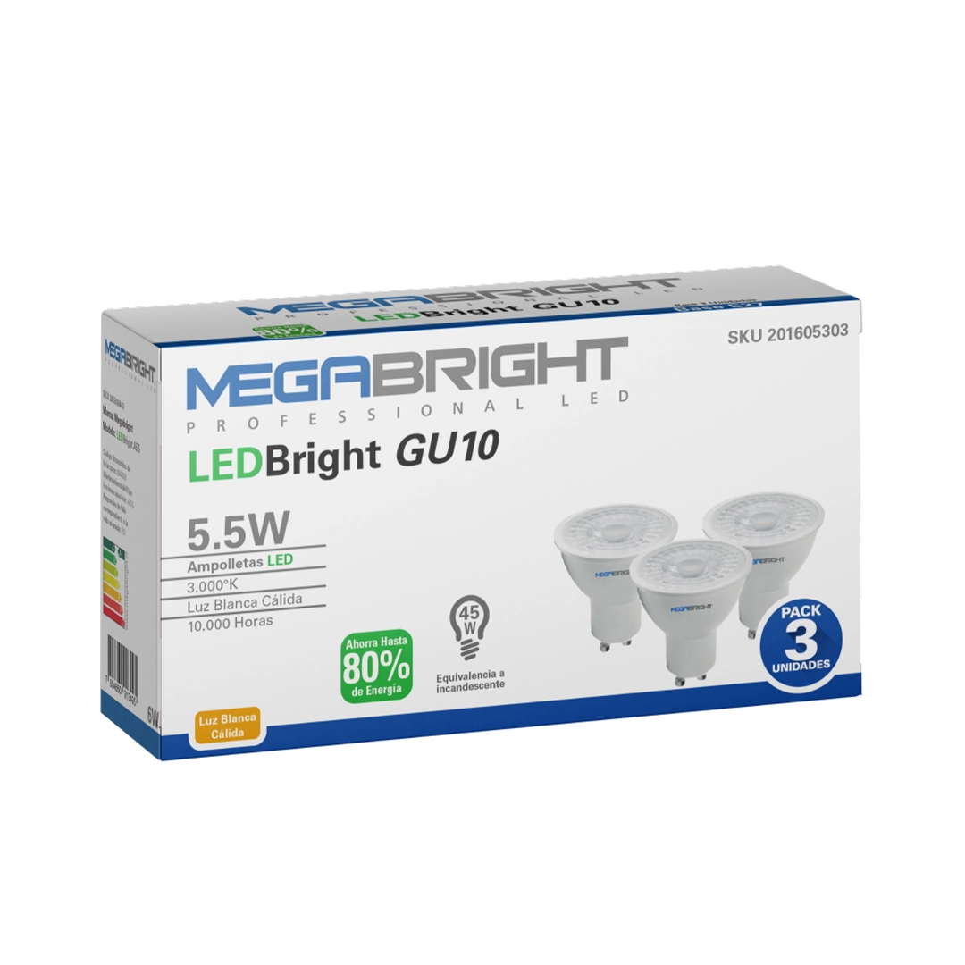 MEGABRIGHT AMPOLLETA LED  PAR16 5.5W/3000K GU-10 PACK X 3