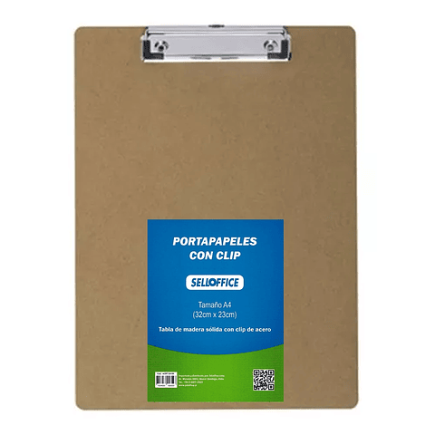 Selloffice - Tabla Portapapeles de Madera con Clip Metálico y Gancho Retráctil - Tamaño Oficio