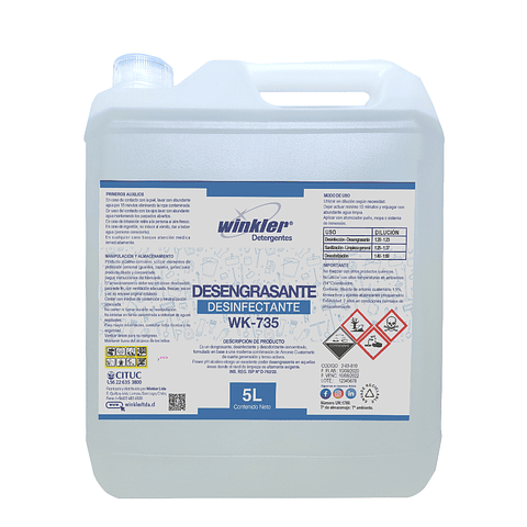 Winkler WK-735 - Desengrasante Desinfectante con Amonio Cuaternario - Registro Sanitario ISP - Bidón 5 Litros