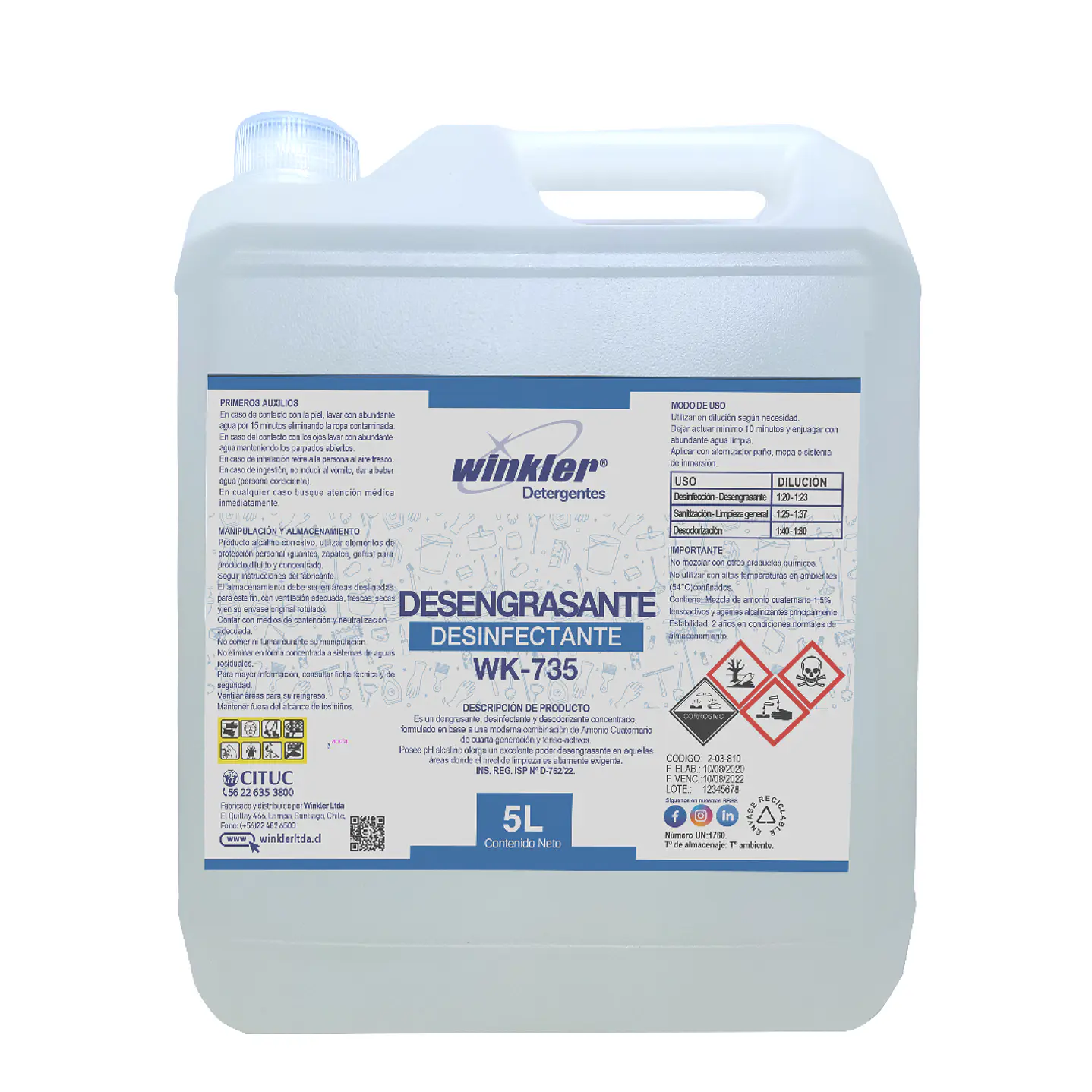 Desengrasante desinfectante Winkler WK‑735 amonio cuaternario bidón 5 L para uso profesional 1